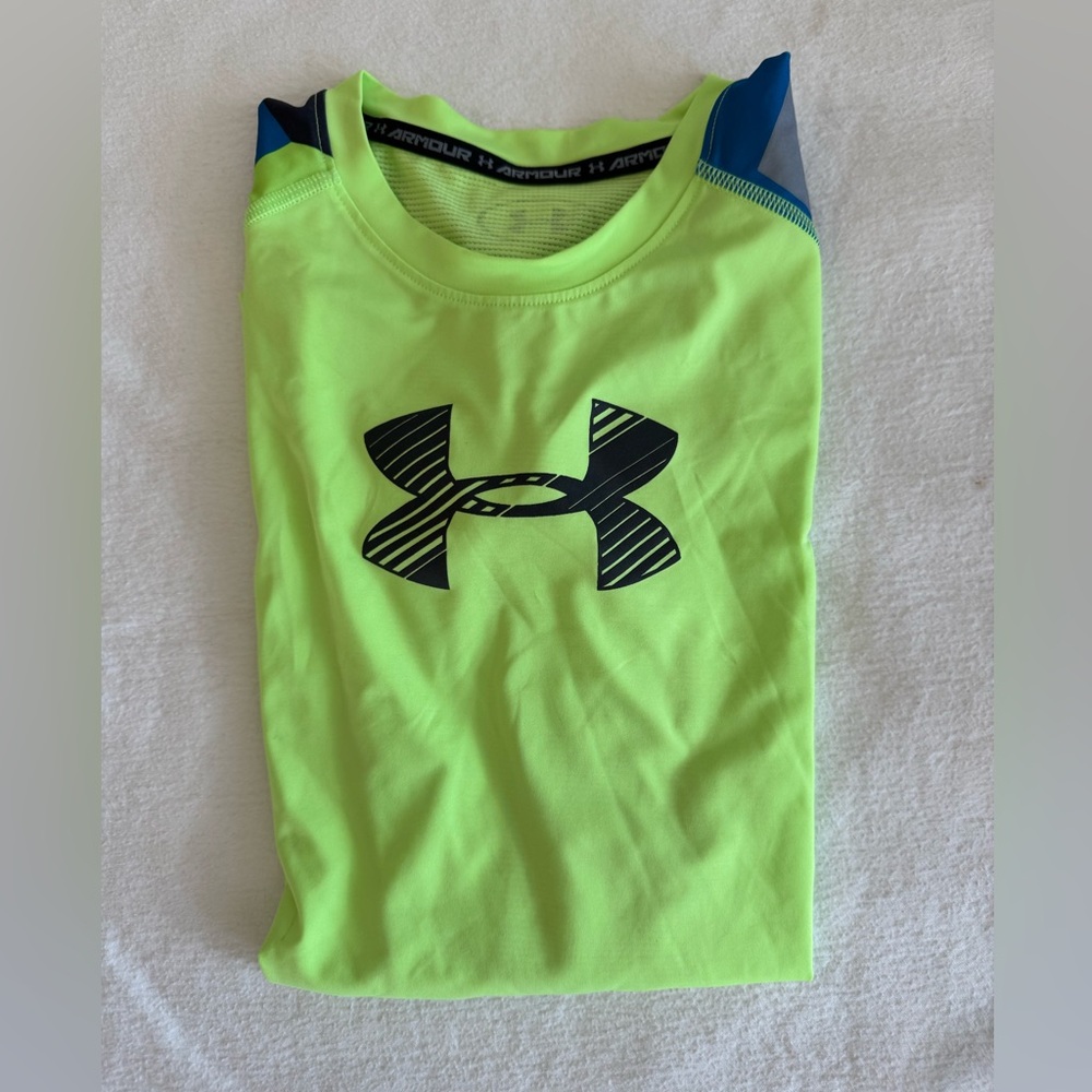 Under Armour Bright Yellow Tee with Bold Black and Turquoise Dry Fit Youth L